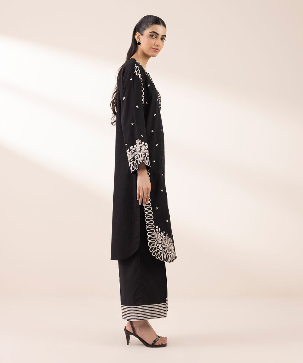 Women's RTW Dobby Black Embroidered Boxy Shirt