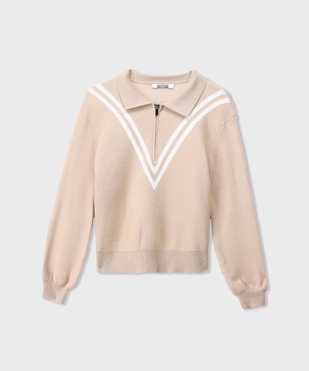 Women's Western Wear Beige Striped Polo Knit Sweater