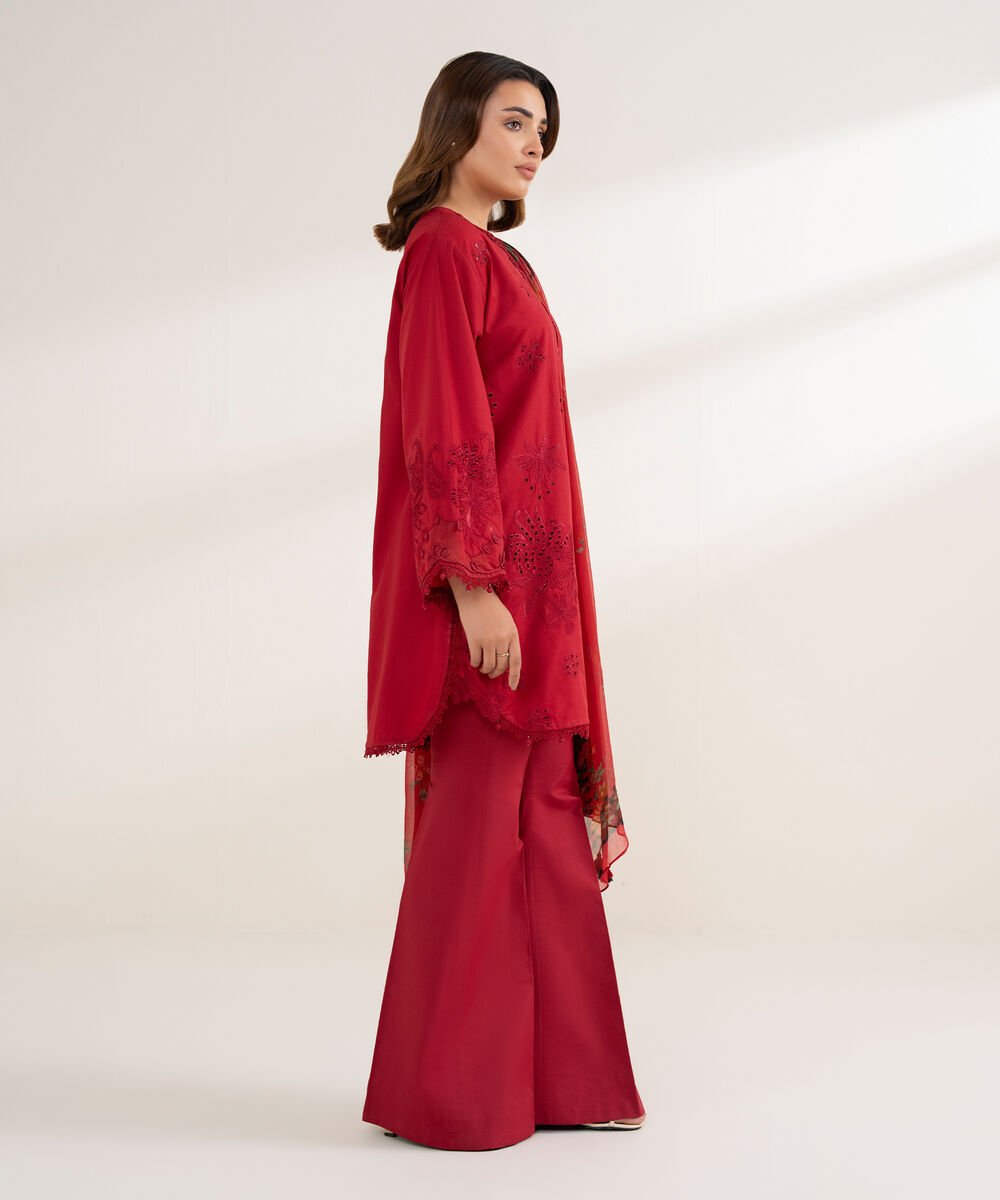 Women's Unstitched Cotton Embroidered Red 3 Piece Suit