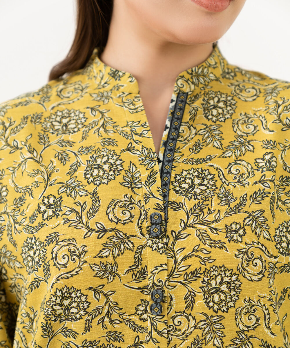 Women's Unstitched Cotton Printed Yellow 2 Piece Suit