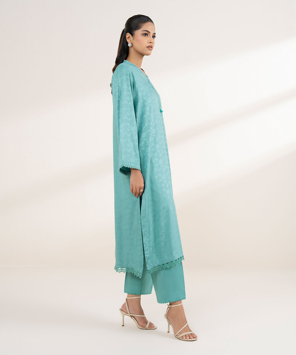 Women's RTW Arabic Self Jacquard Blue Solid A-Line Shirt