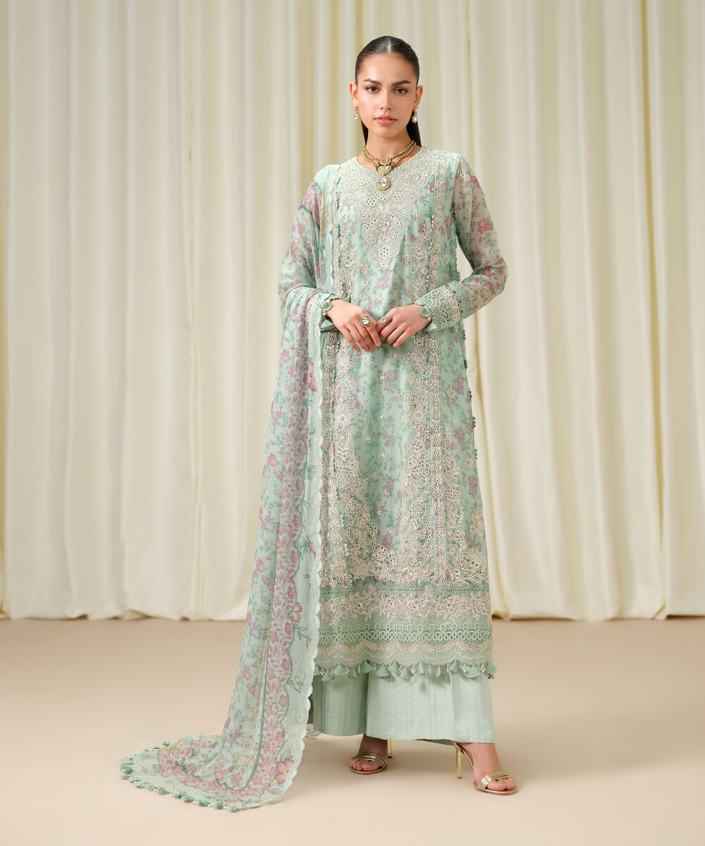 Women's Unstitched Blended Chiffon Embroidered Blue 3 Piece Suit