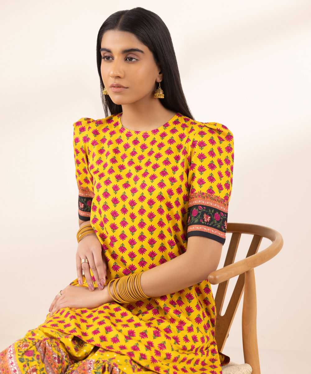 Women's RTW Arabic Lawn Yellow Printed A-Line Shirt