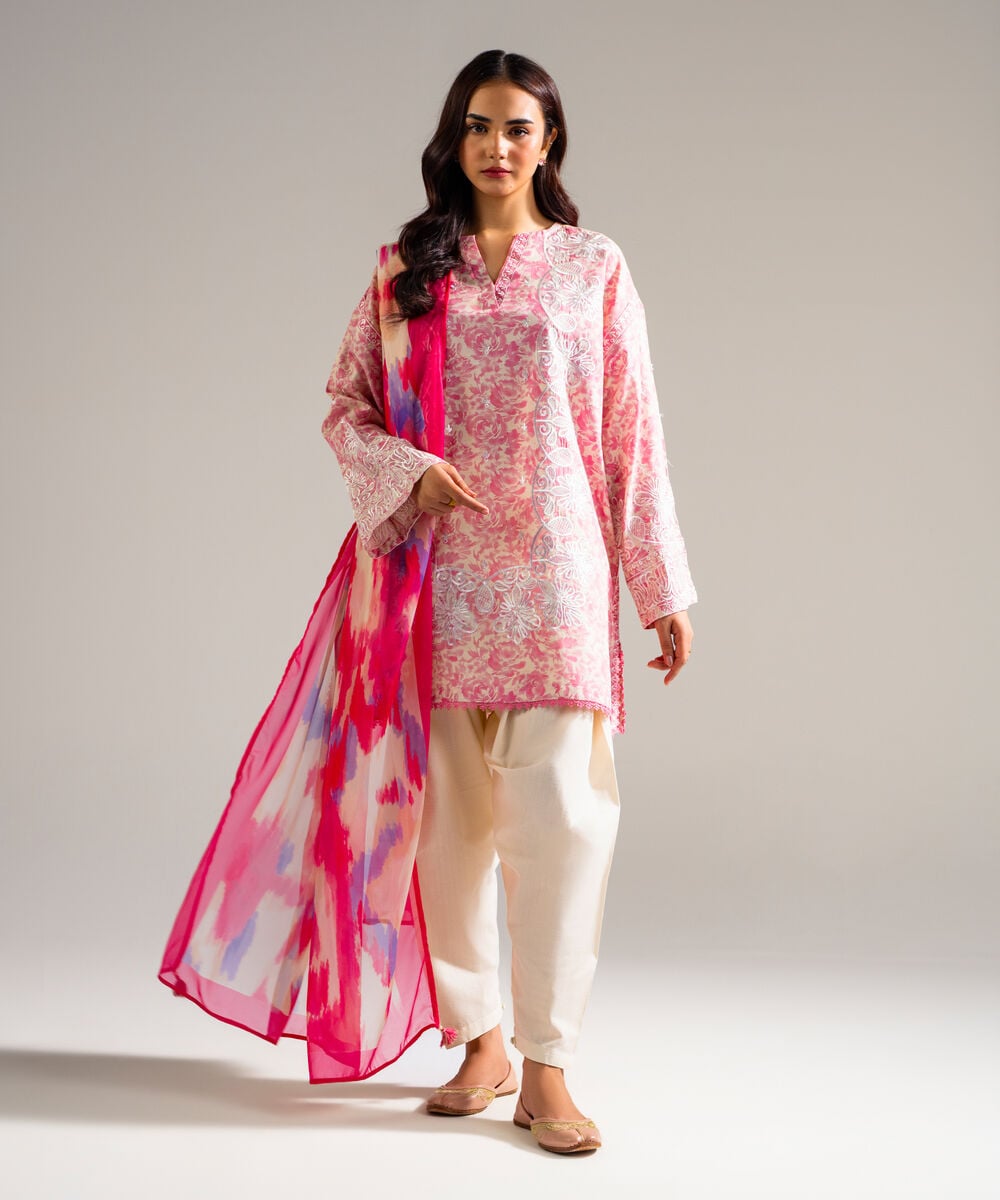Women's RTW Dobby Embroidered Pink 3 Piece Suit
