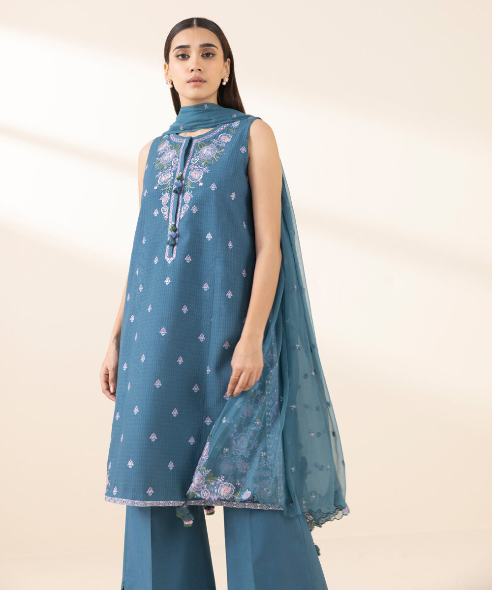 Unstitched Women's Embroidered Dobby Blue Three Piece Suit