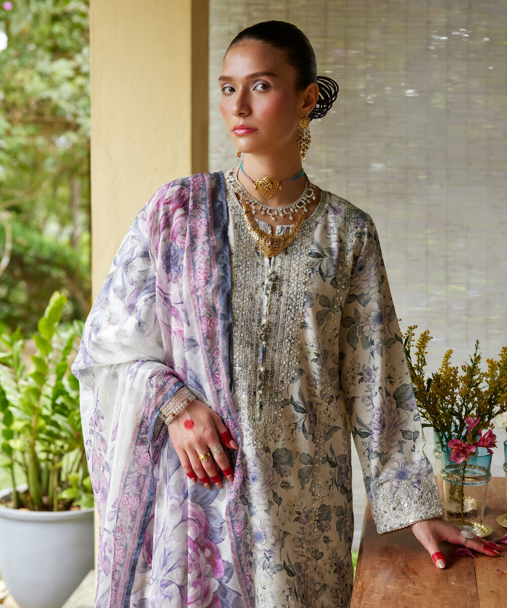 Women's RTW Zari Lawn Embroidered Off White 3 Piece Suit