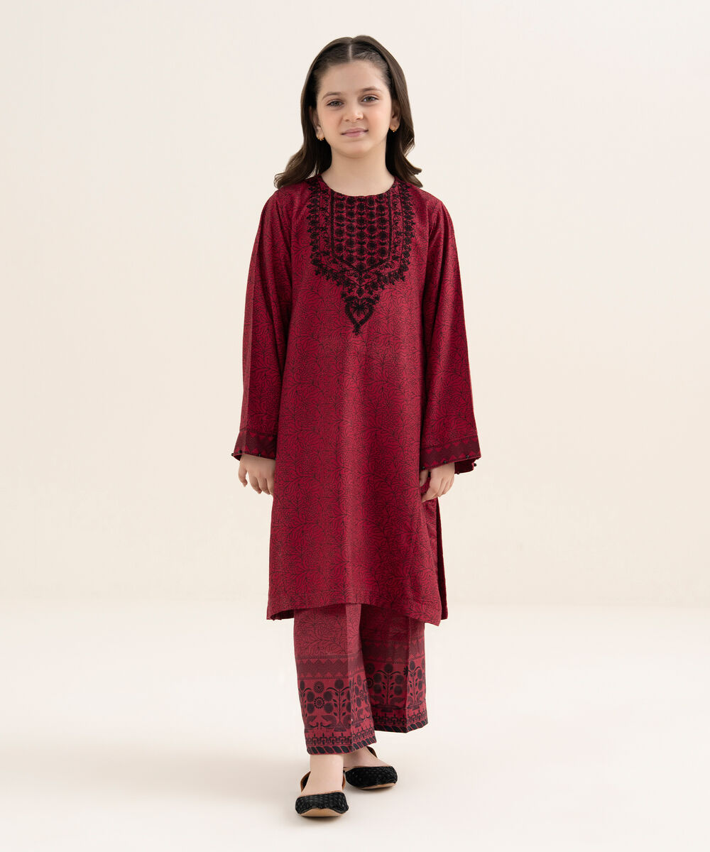 Girl's Herringbone Embroidered Red 2 Piece Set