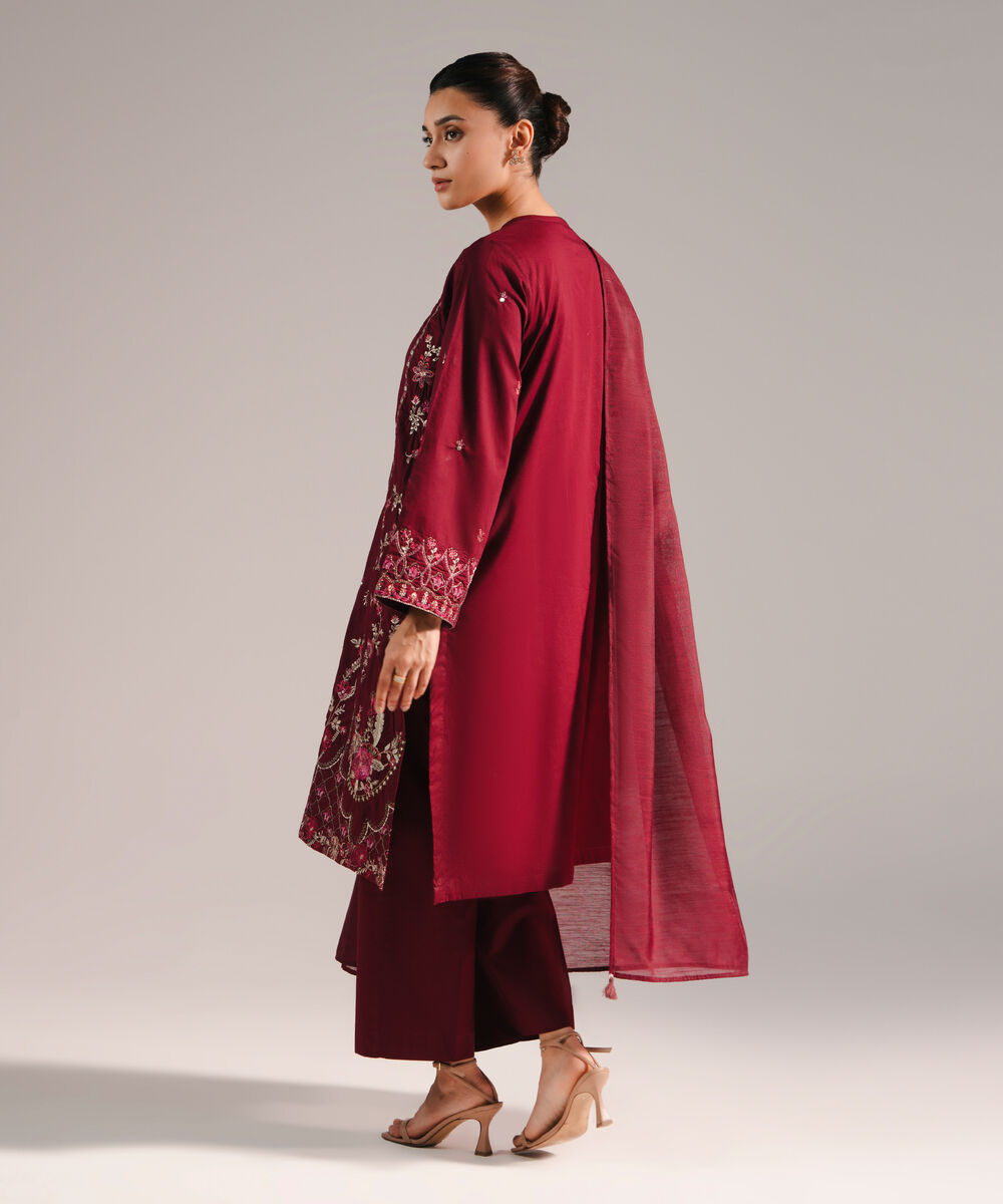 Women's RTW Lawn Embroidered Deep Maroon 3 Piece Suit