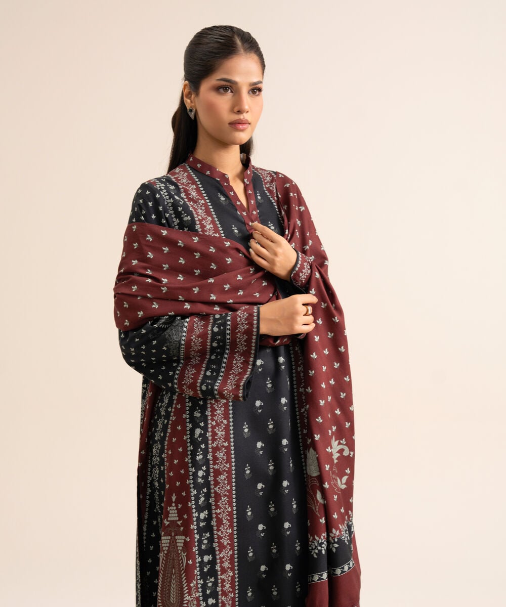 Women's Unstitched Viscose Linen Printed Black 3 Piece Suit