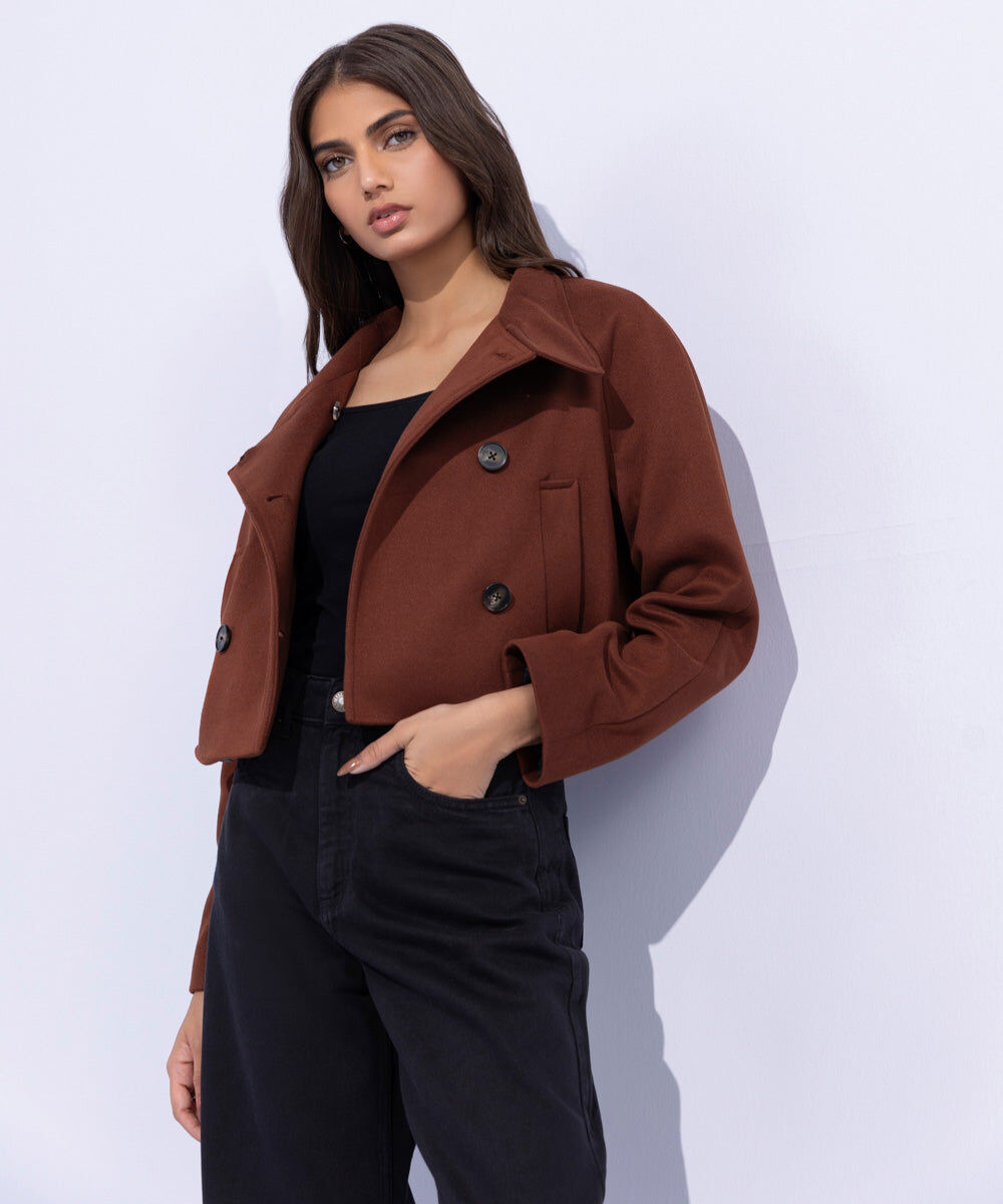 Cropped Double-Breasted Coat Woman - Brown Cropped Double-Breasted Coat