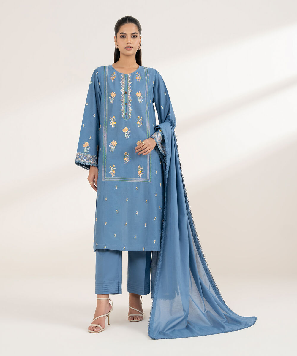 Women's RTW Lawn Blue Embroidered Boxy Shirt