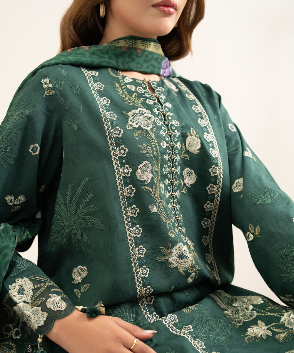 Women's Unstitched Cotton Jacquard Embroidered Green 3 Piece Suit