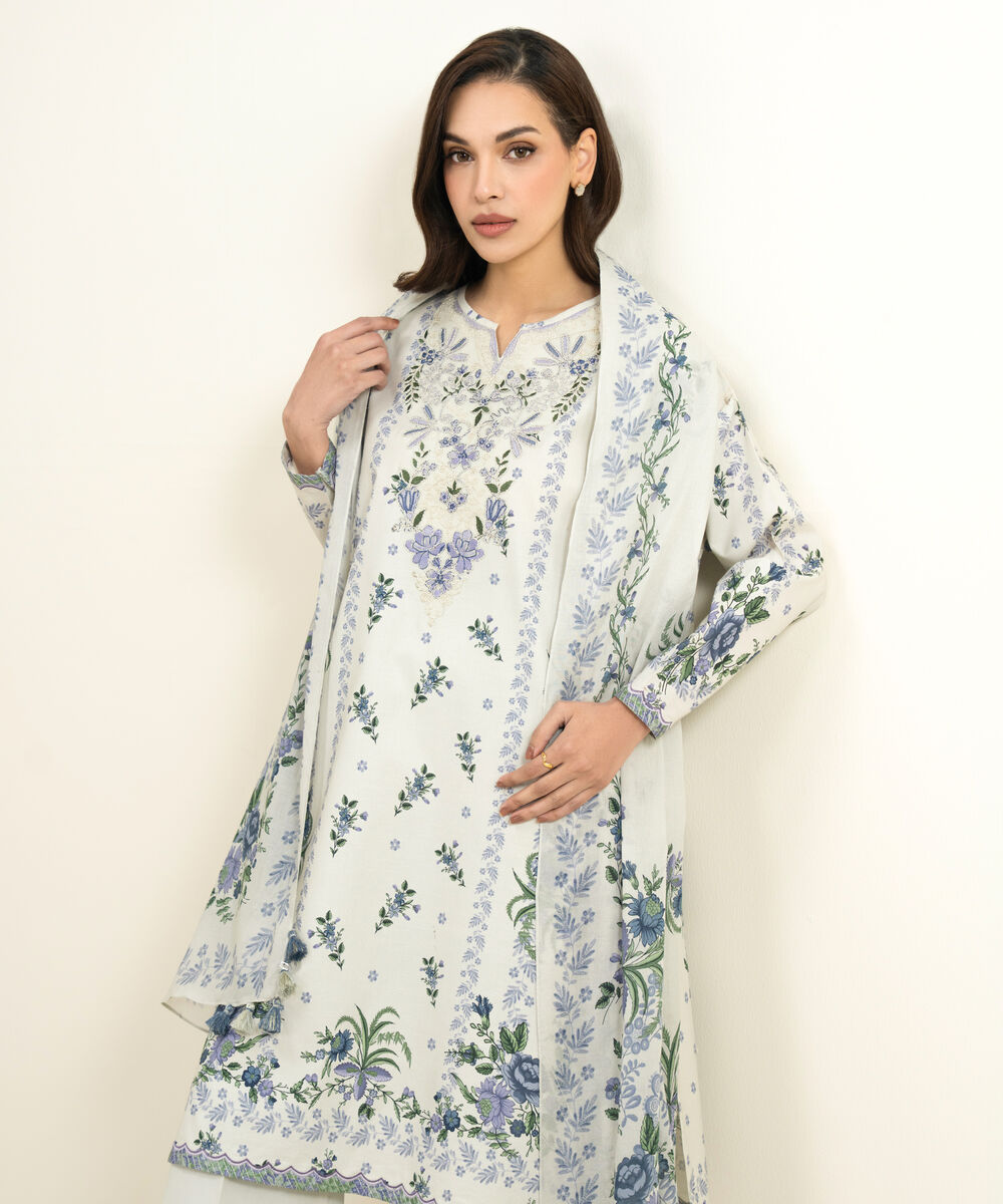 Women's Unstitched Lawn Embroidered Grey 3 Piece Suit