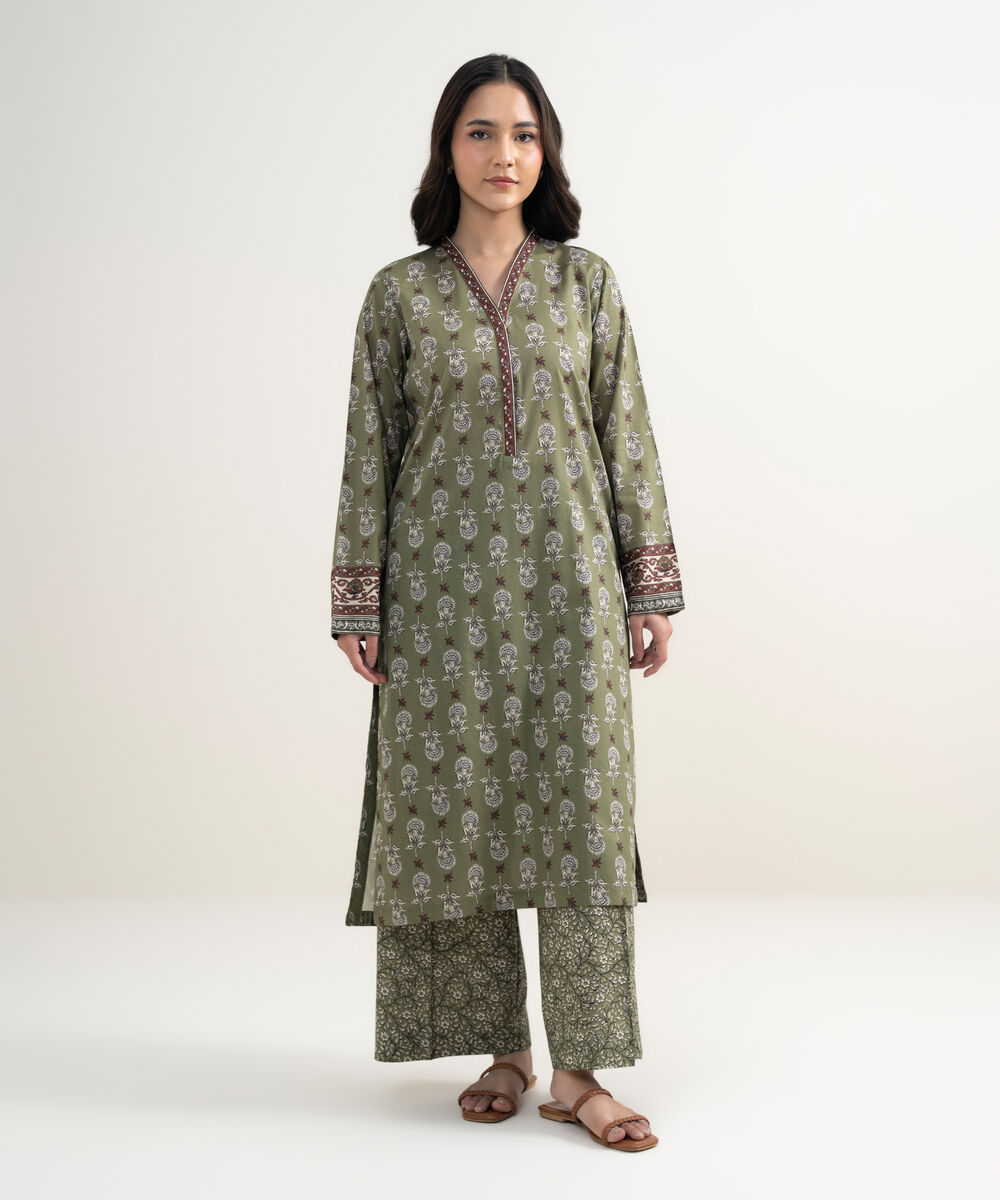 Women's RTW Lawn Printed Green Straight Shirt