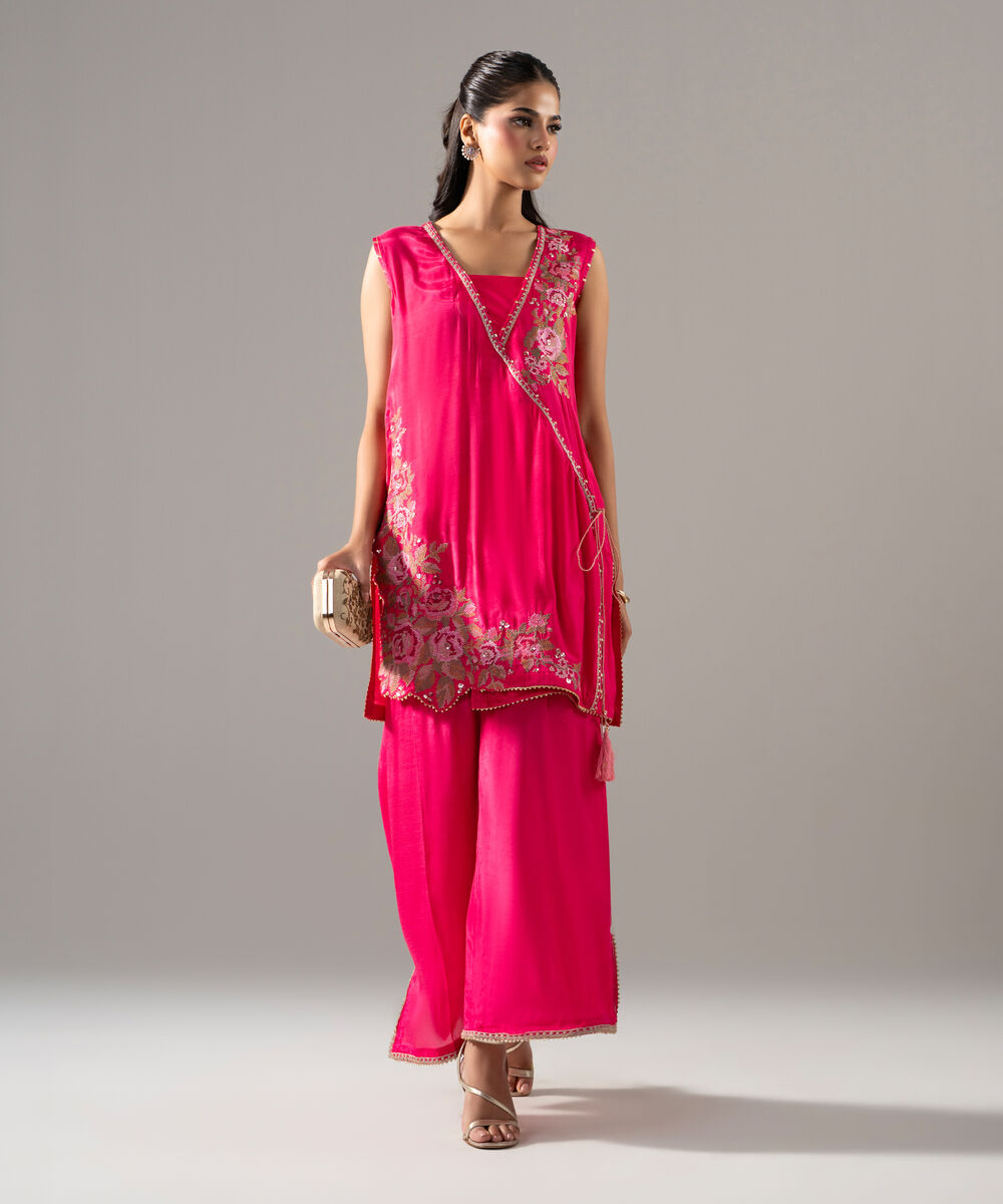 Women's RTW Thai Silk Solid Embroidered Pink 2 Piece Suit