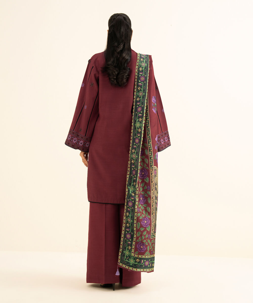 Women's Unstitched Viscose Raw Silk Embroidered Red 3 Piece Suit
