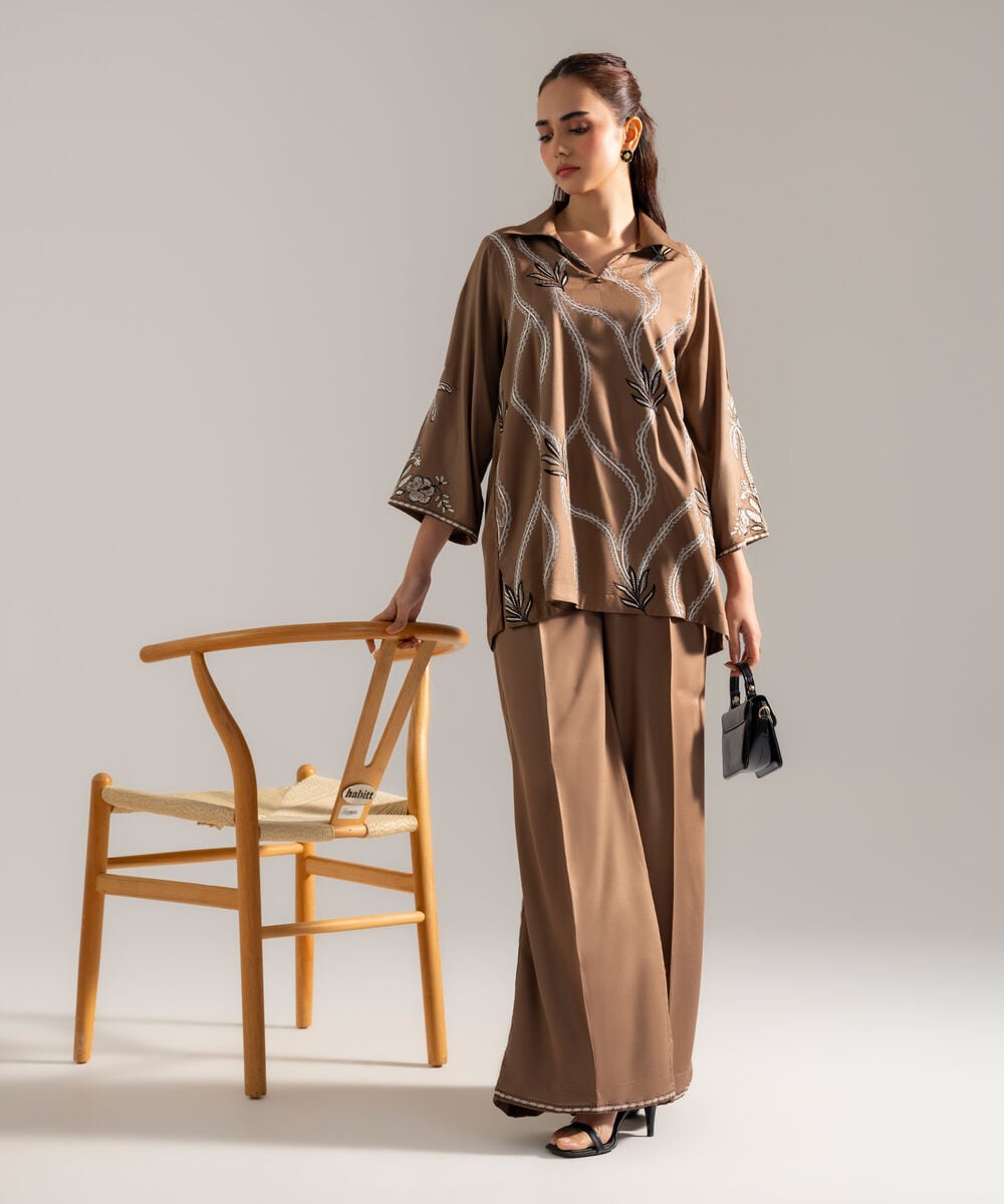 Women's RTW Solid Embroidered Dark Beige Bedford Shirt