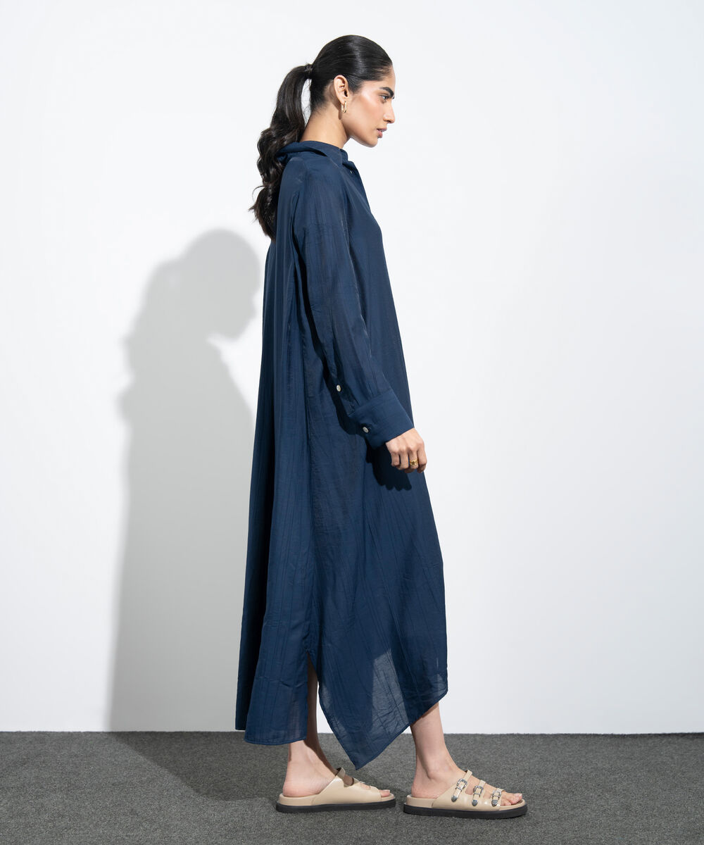 Women's Western Navy Textured Button Through Dress