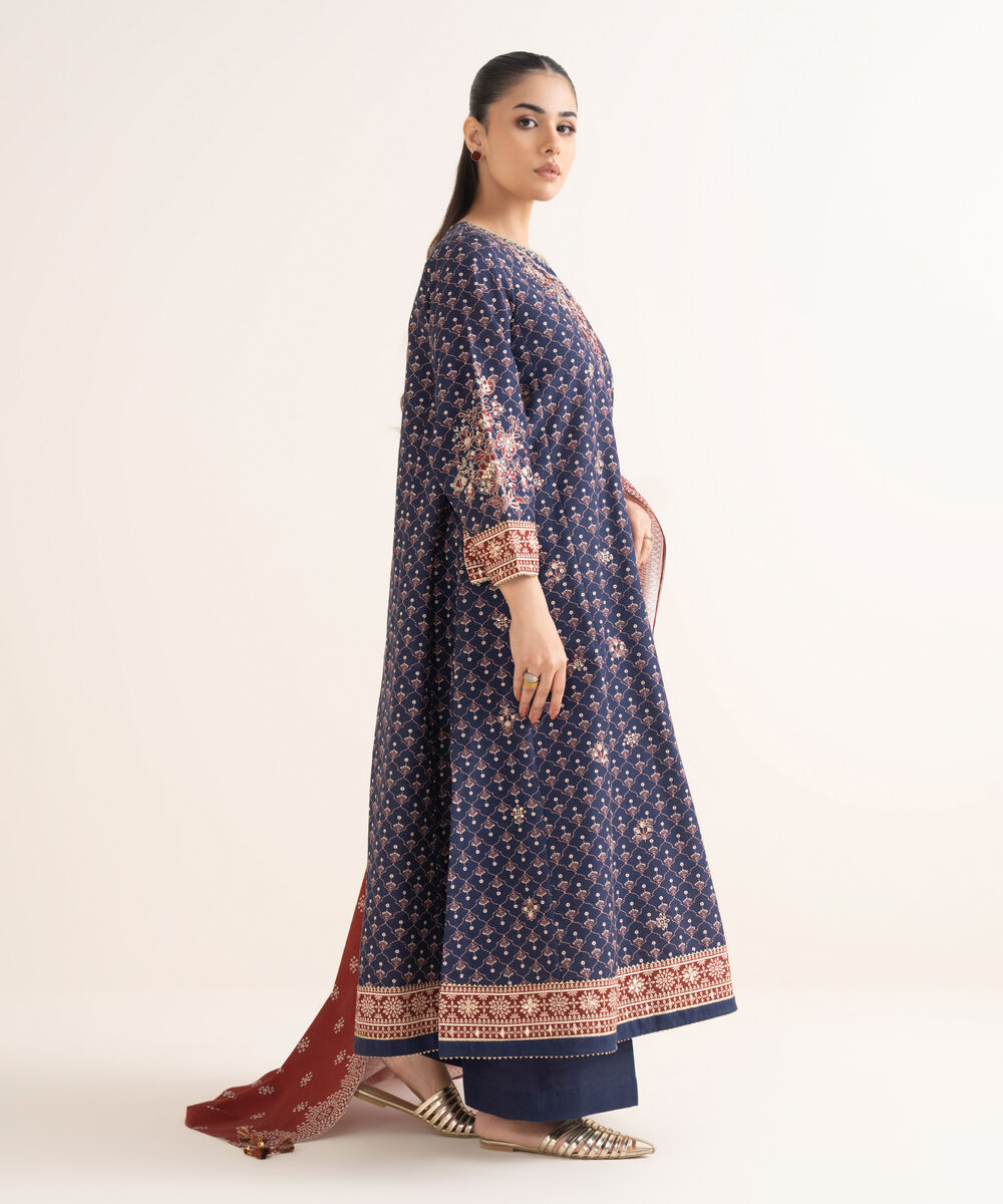 Women's Unstitched Embroidered Khaddar Blue 3 Piece Suit