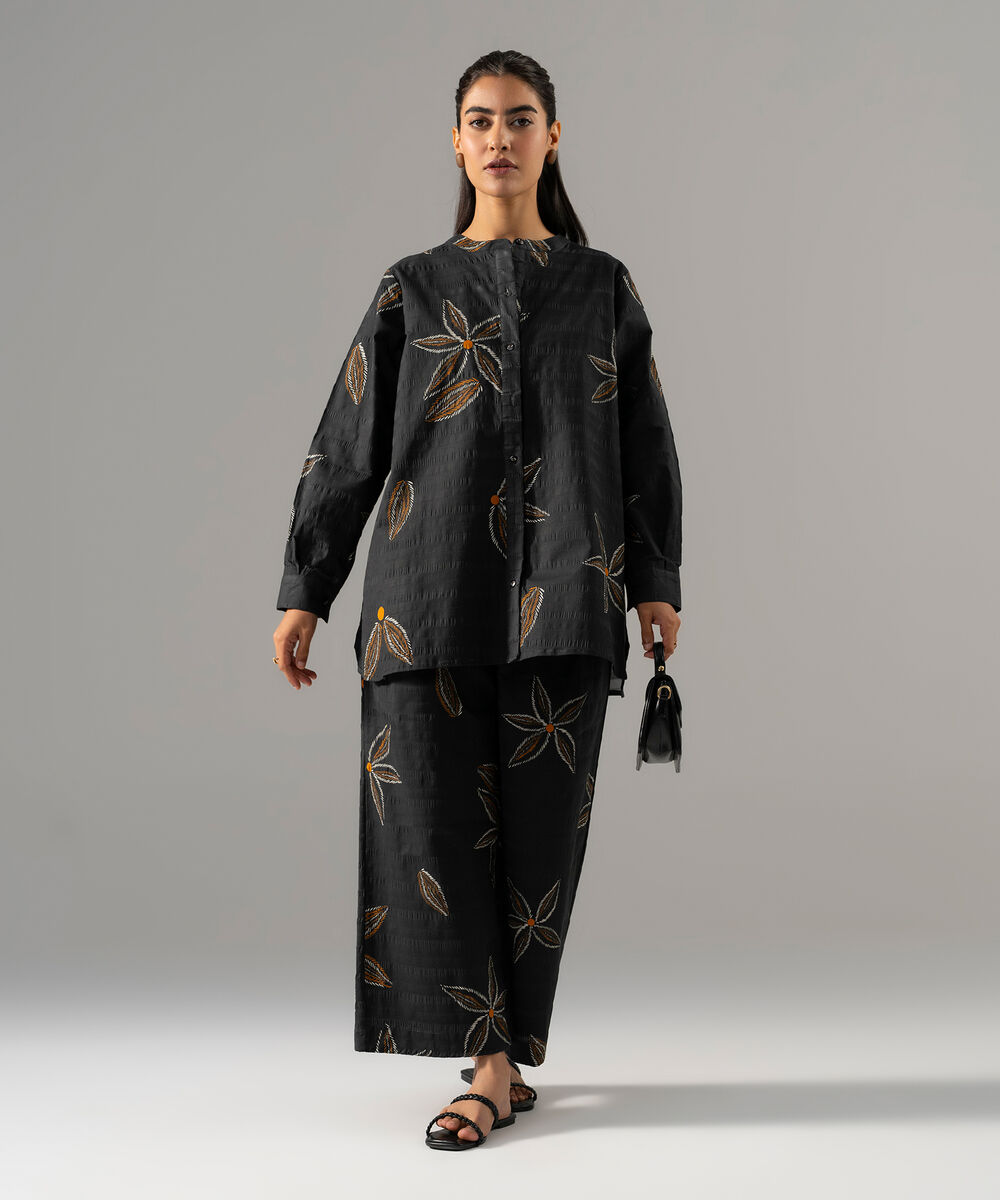 Women's RTW Seersucker Printed Black 2 Piece Suit