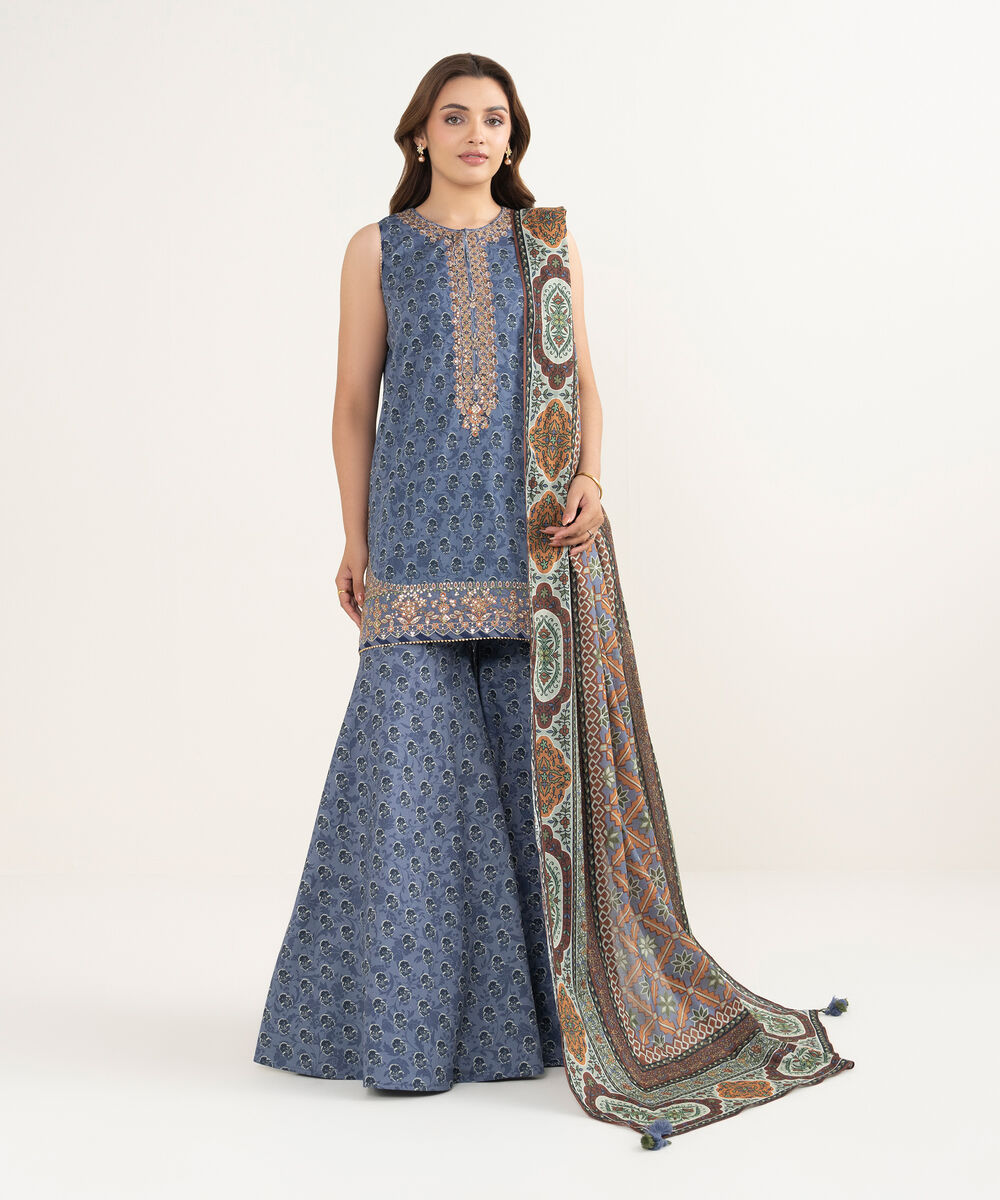 Women's Unstitched Lawn Embroidered Blue  3 Piece Suit