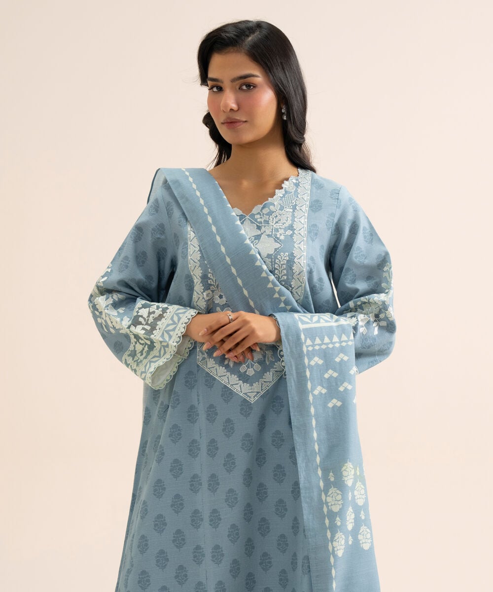 Women's Unstitched Light Khaddar Embroidered Light Blue 3 Piece Suit
