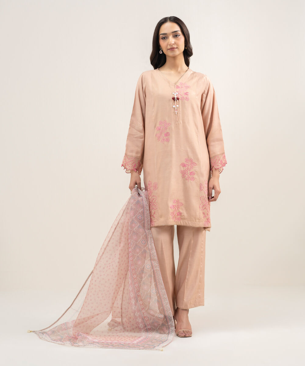 Women's RTW Viscose Raw Silk Embroidered Pink Sand 3 Piece Suit