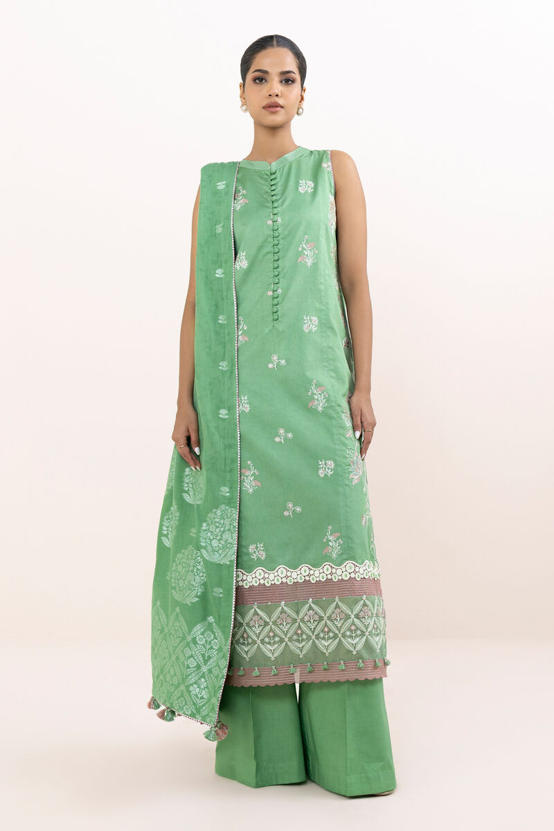 3 Piece - Embroidered Cotton Satin Suit