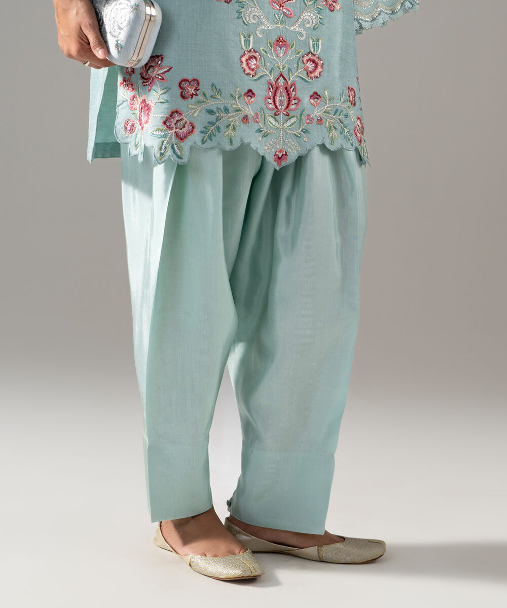 Women's RTW Cotton Net Solid Embroidered Blue 2 Piece Suit