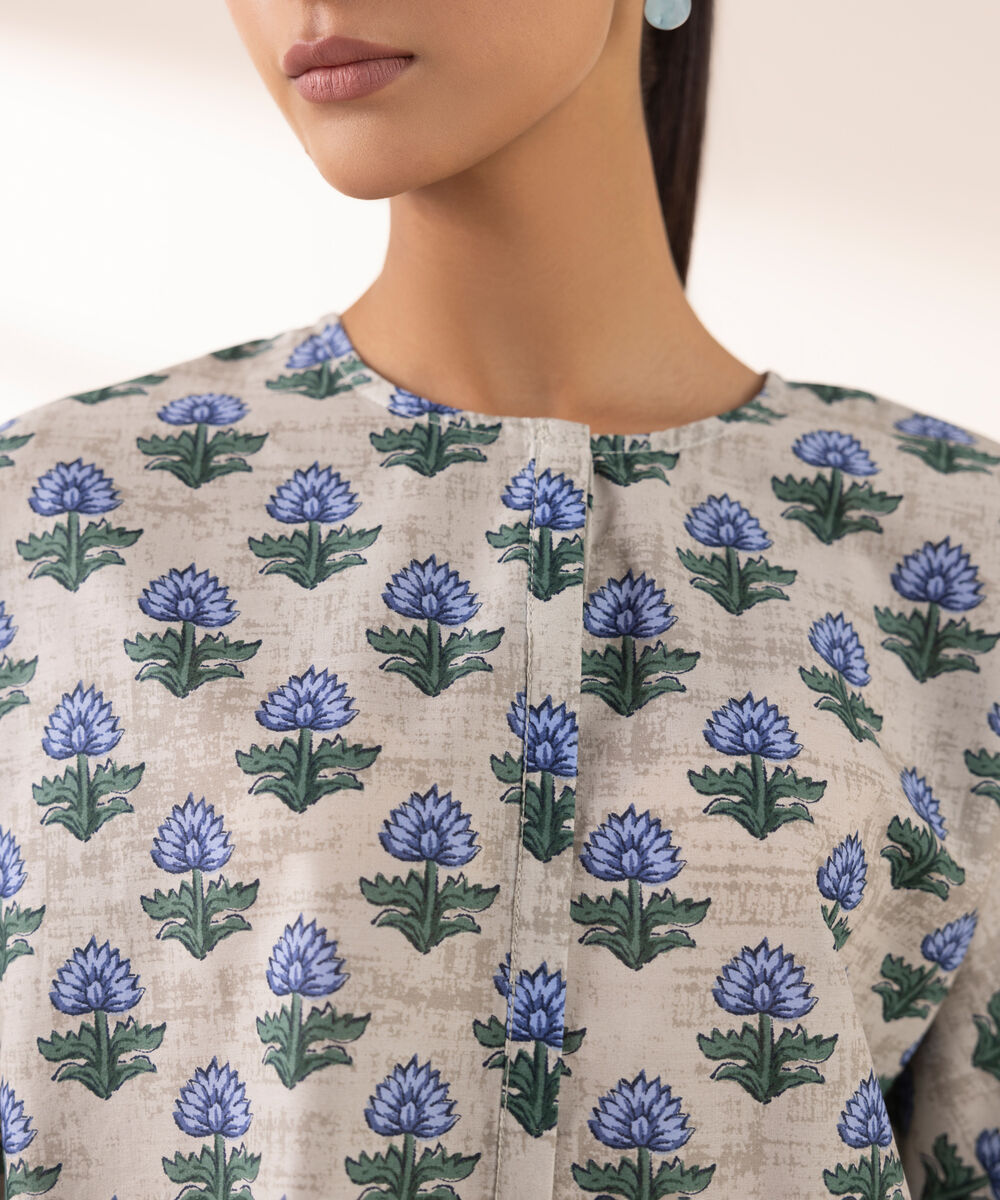 Women's RTW Lawn Grey Printed Boxy Shirt