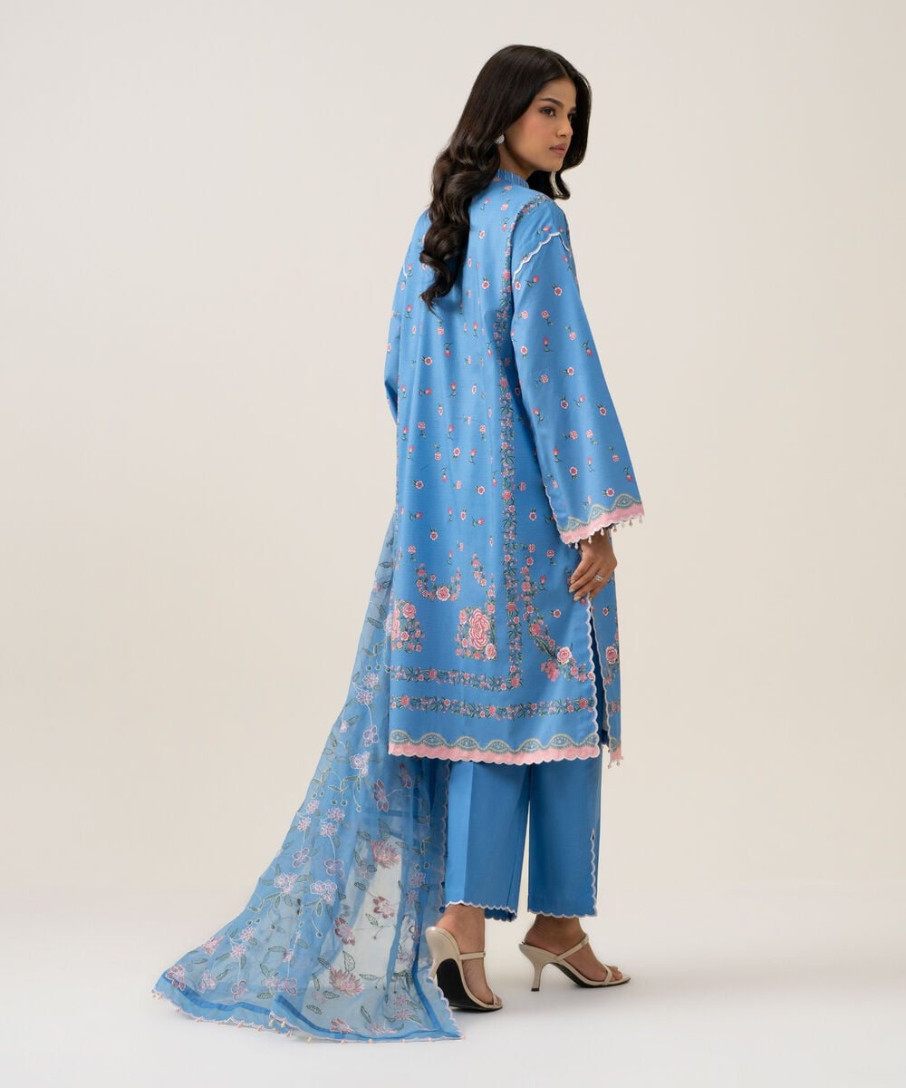 Women's Unstitched Blended Chiffon Printed Blue 3 Piece Suit