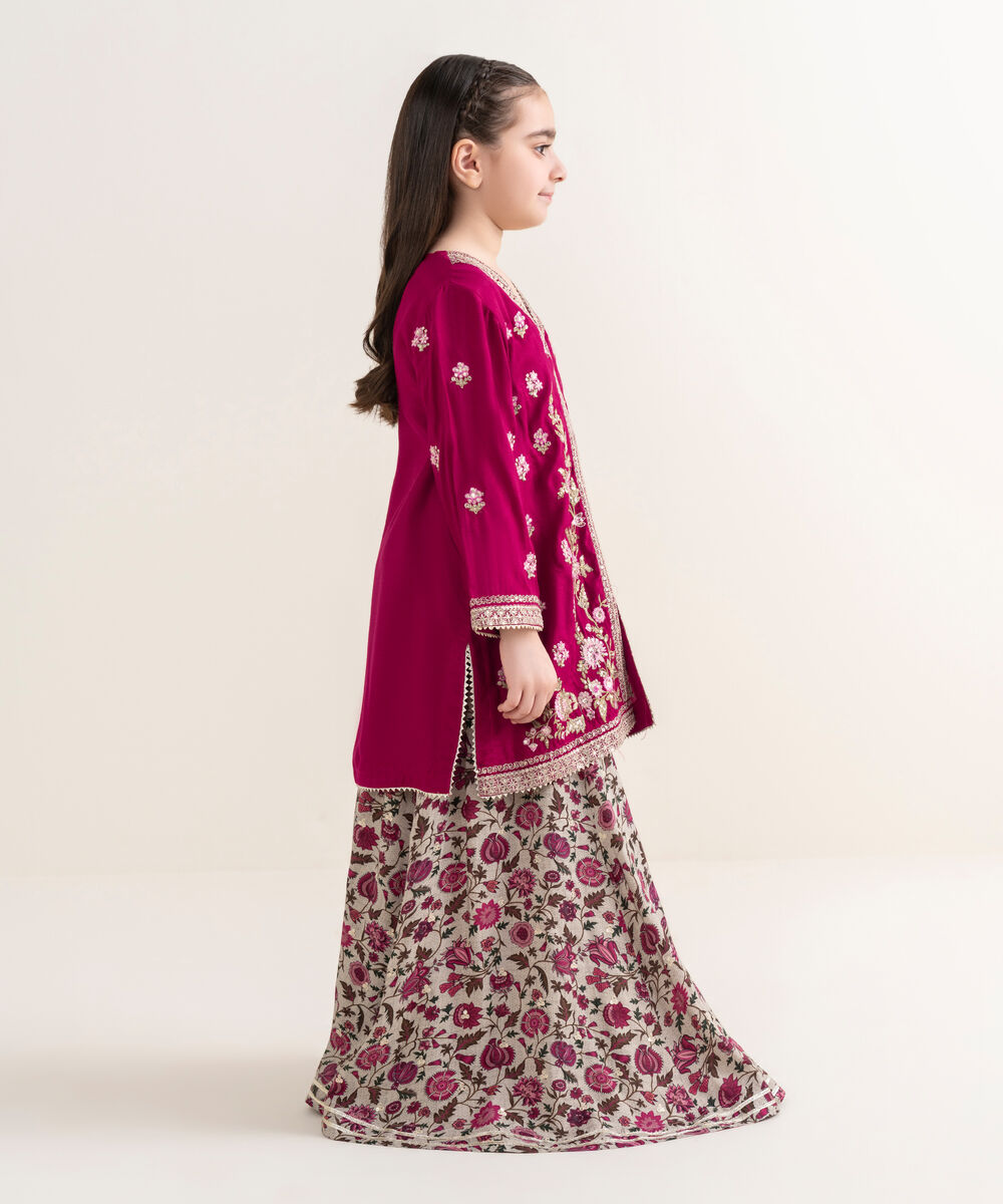 Girl's Viscose Raw Silk Pink Embroidered 2 Piece Suit