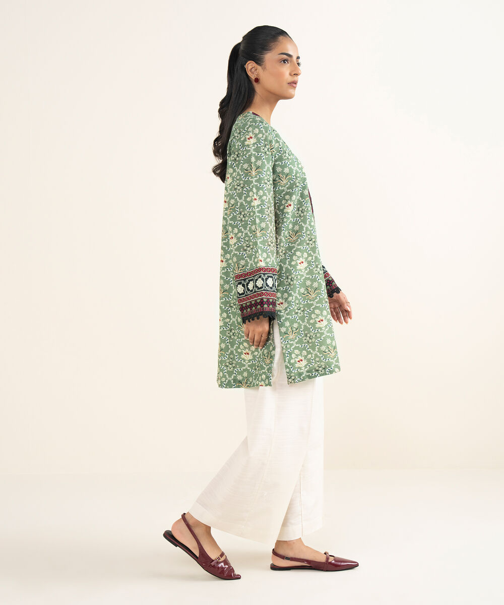 Women's RTW Cotton Embroidered Green Straight Shirt