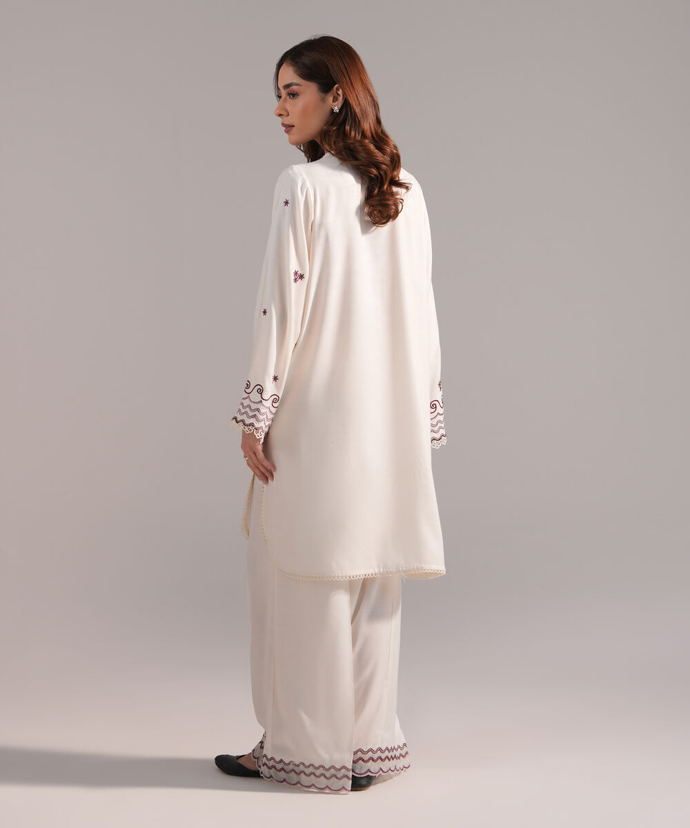 Women's RTW Viscose Raw Silk Embroidered Cream White 2 Piece Suit