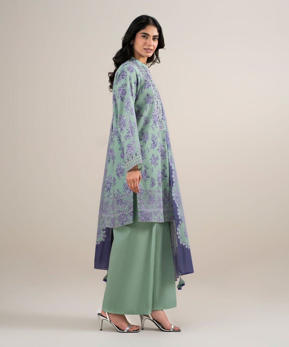Women's Unstitched Lawn Embroidered Green and Purple 3 Piece Suit