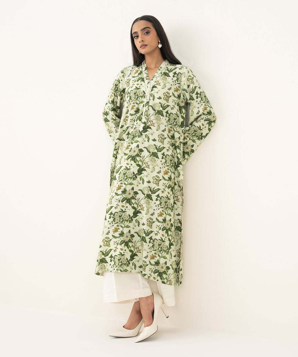 Women's RTW Arabic Khaddar Printed A-Line White Shirt