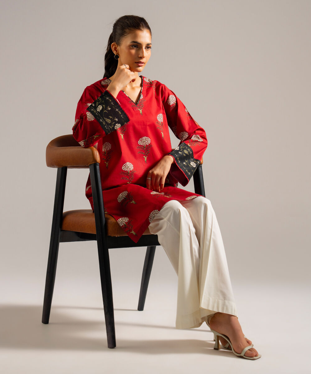 Women's RTW Lawn Printed Red Straight Shirt