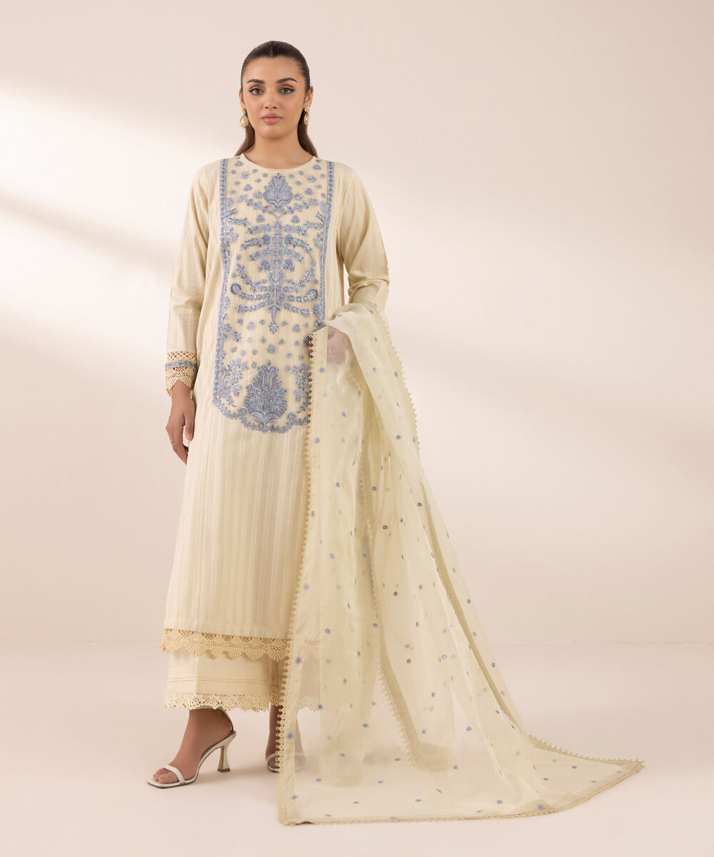 Women's RTW Dobby Beige Embroidered A-Line Shirt