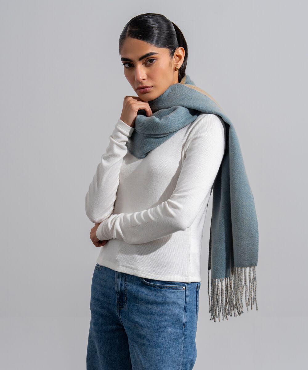 Women's Western Wear Blue Polyester Solid Woolen Scarf