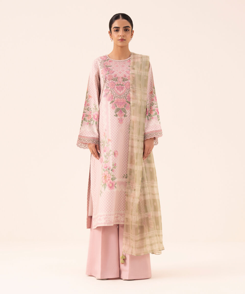 Women's Unstitched Cotton Viscose Embroidered Pink 3 Piece Suit