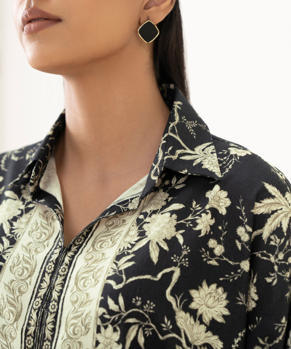 Women's RTW Lawn Printed Black Straight Shirt