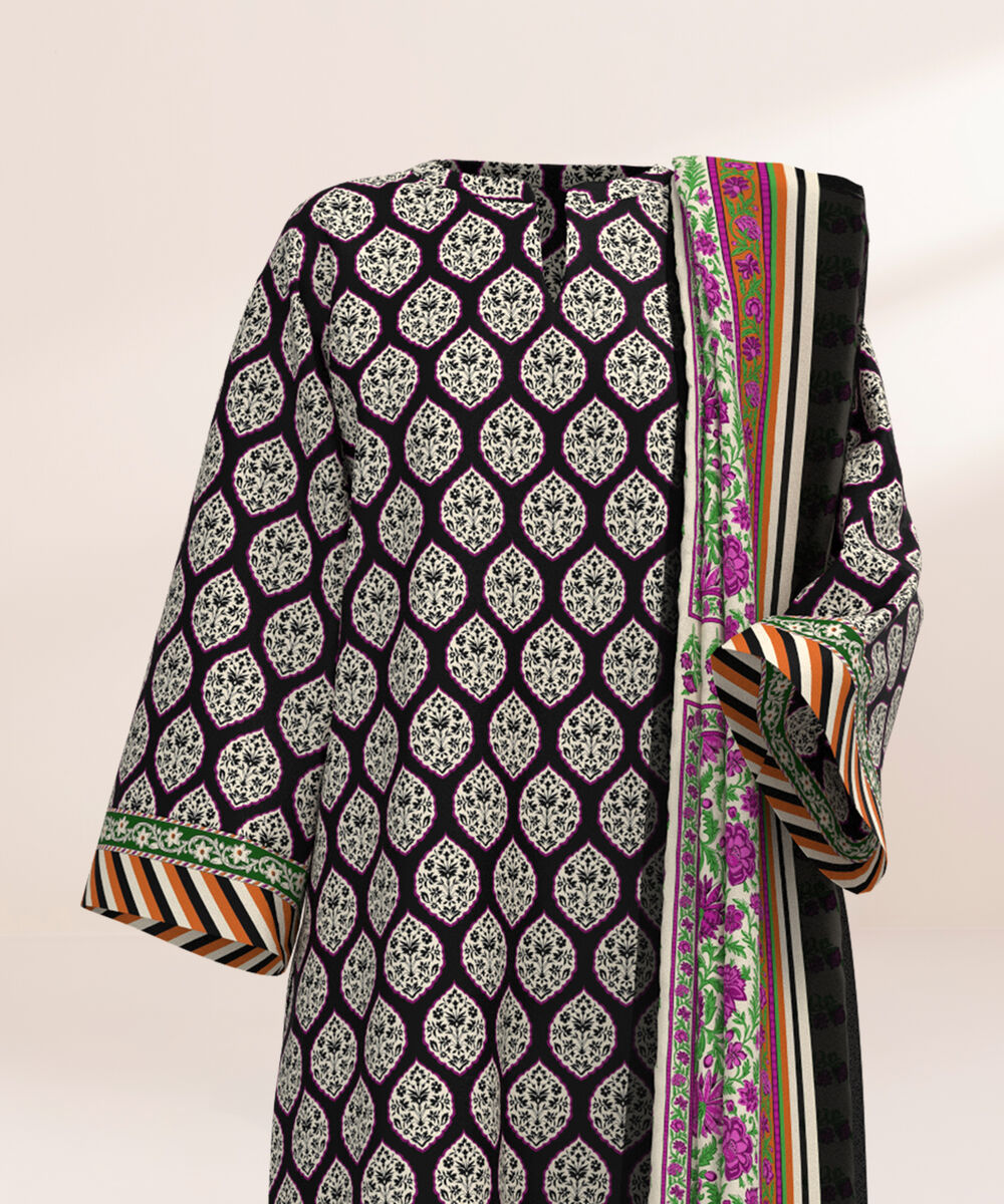 Women's Three Piece Printed Black and Off white Lawn Suit