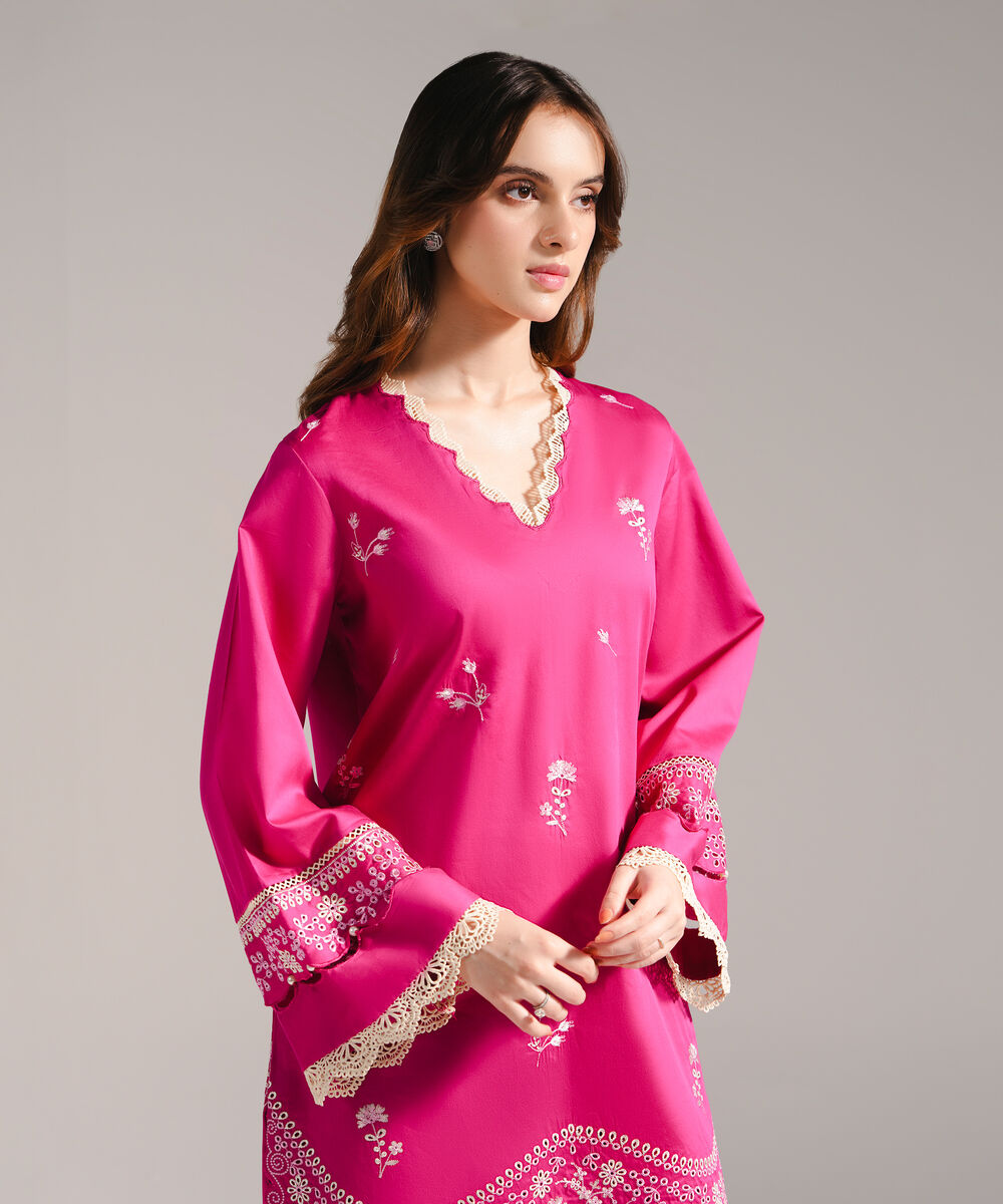 Women's RTW Cotton Satin Embroidered Straight Pink Shirt