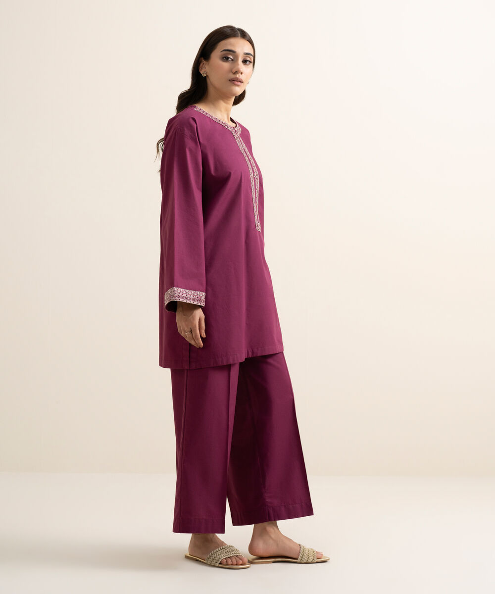Women's RTW Cambric Embroidered Purple Boxy Shirt