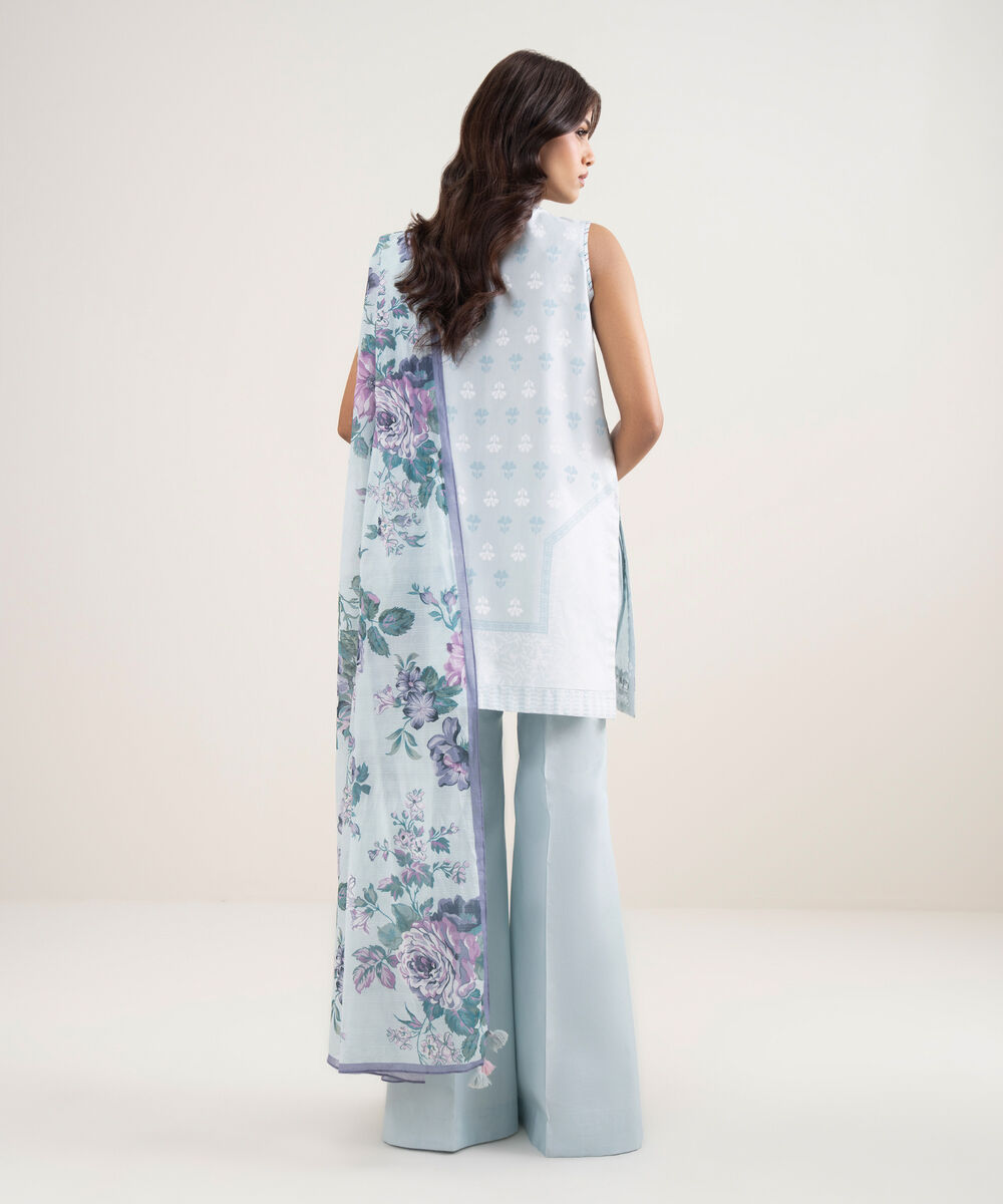 Women's Unstitched Lawn Blue Embroidered 3 Piece Suit