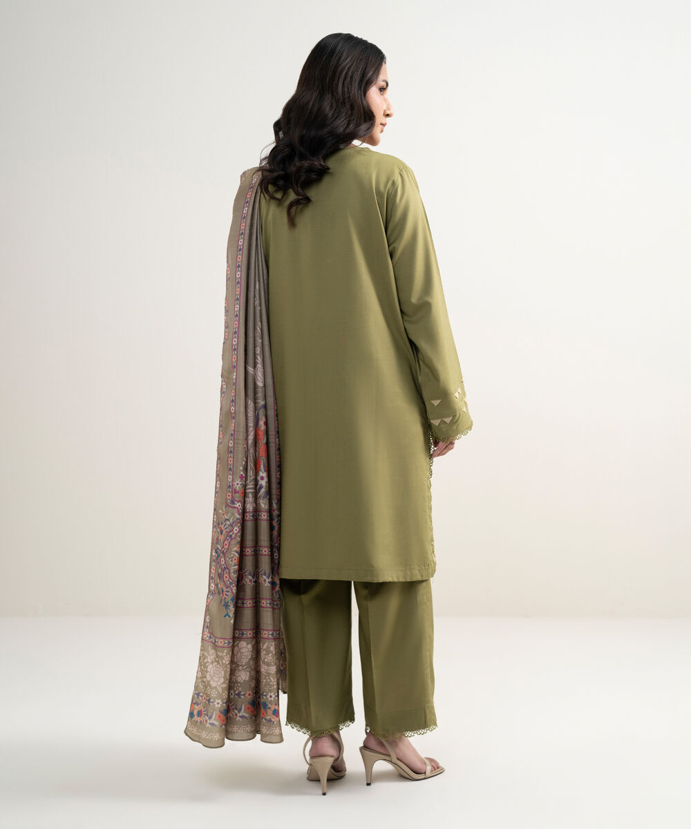 Women's RTW Cotton Viscose Embroidered Green 3 Piece Suit