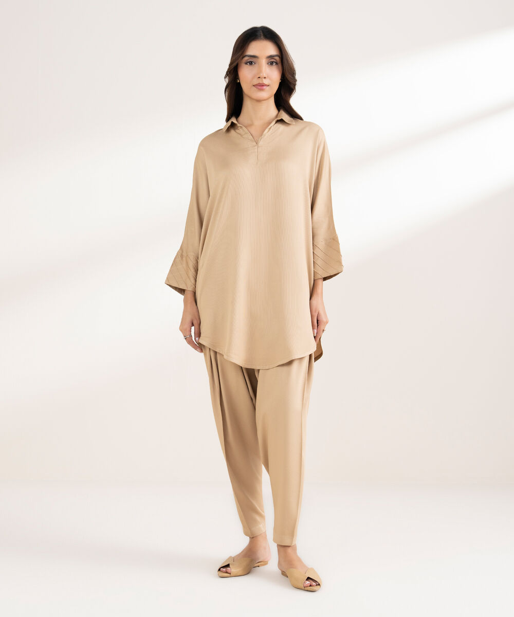 Women's RTW Bedford Solid Drop Shoulder Beige Shirt