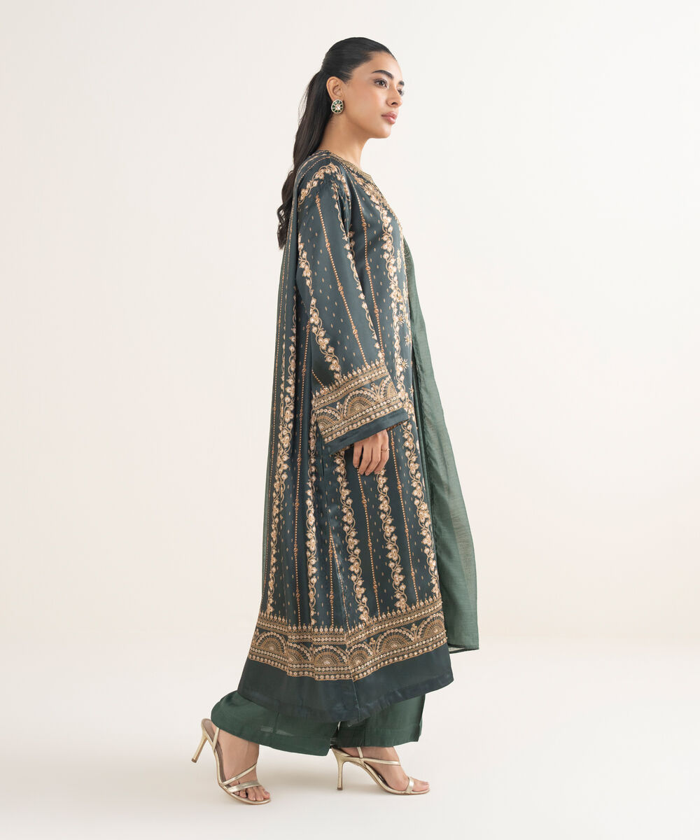 Women's RTW Blended Satin Embroidered Green 3 Piece Suit