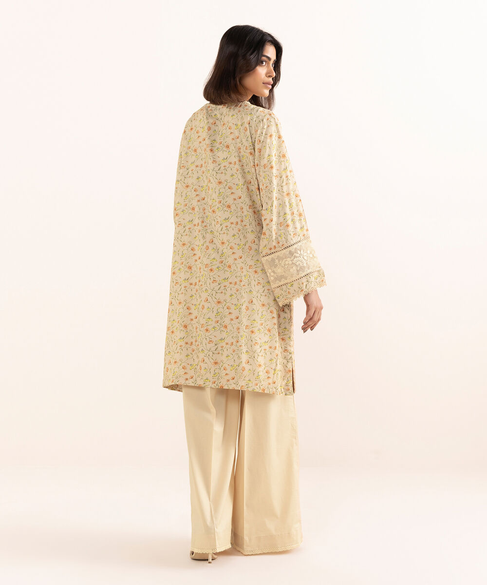Women's RTW Arabic Lawn Beige Embroidered A-Line Shirt