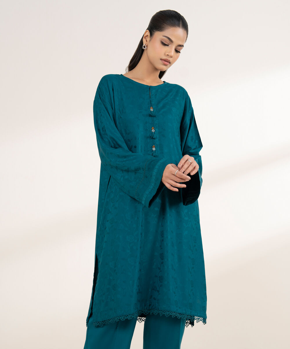 Women's RTW Arabic Self Jacquard Blue Solid Boxy Shirt